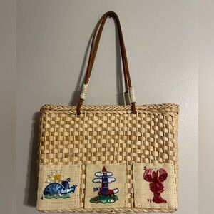 Quaker Factory Nautical Woven Straw Wicker Tote Bag, EUC